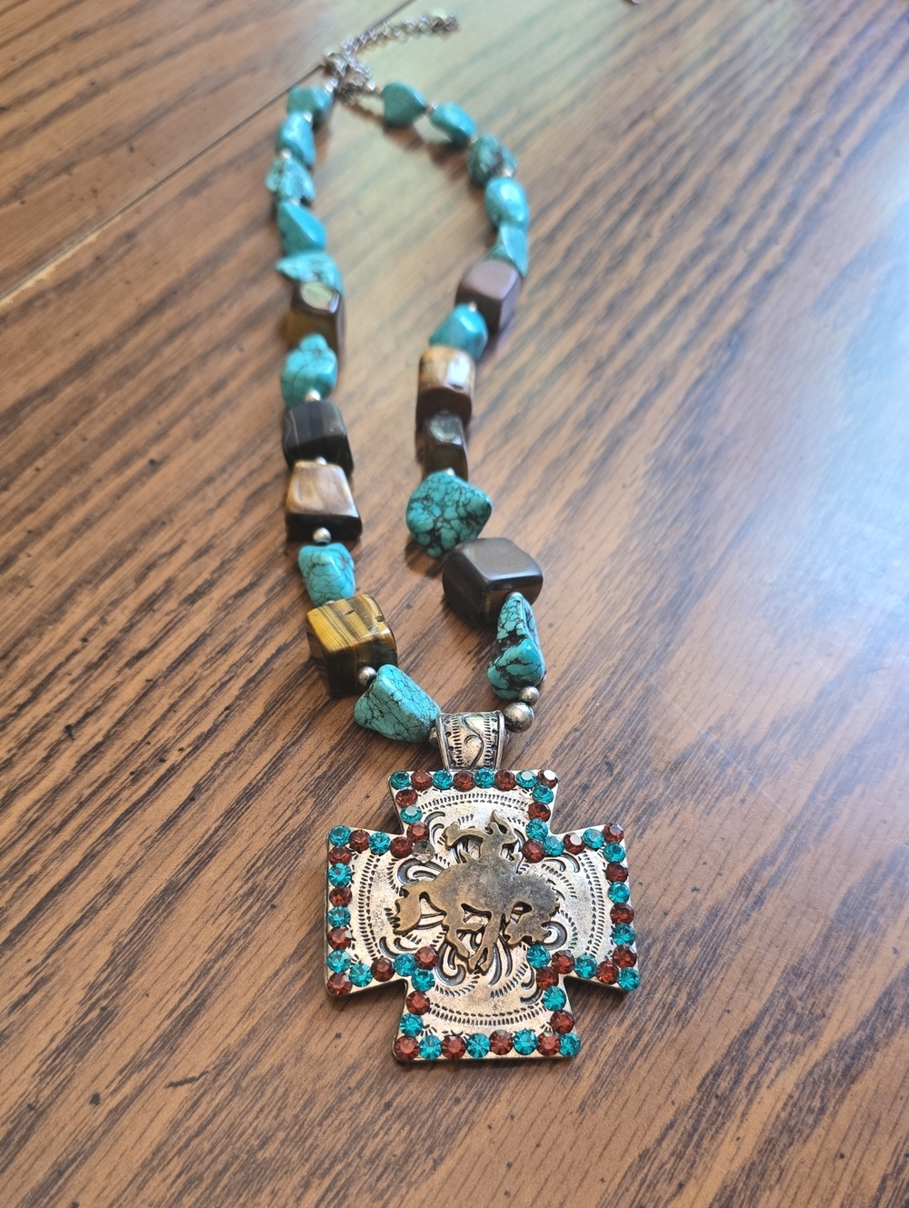 Large Turquoise and Brown Beaded Southwestern Cross Pendant Necklace